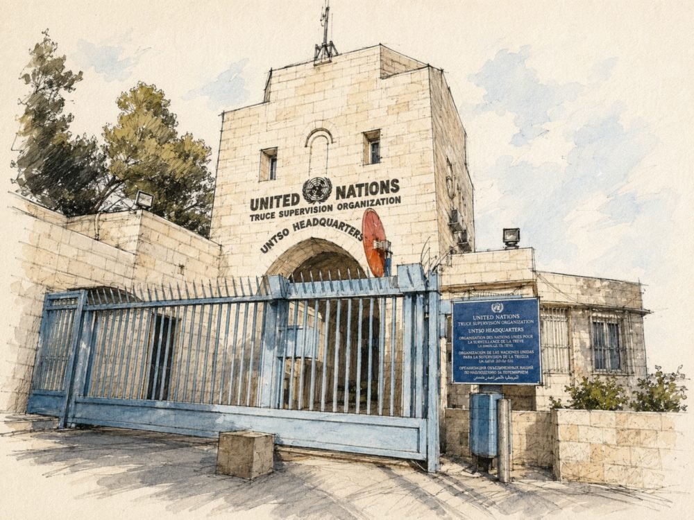 איור: מטה ארגון הפיקוח על שביתת הנשק של האו״ם (UNTSO) בארמון הנציב, ירושלים